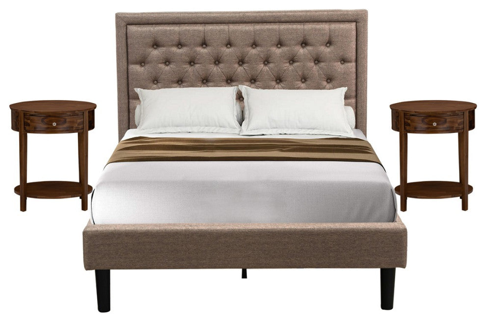 3Pc Bed Set, 1 Platform Bed Frame Dark Khaki Padded, 2 Nightstands, Black Legs