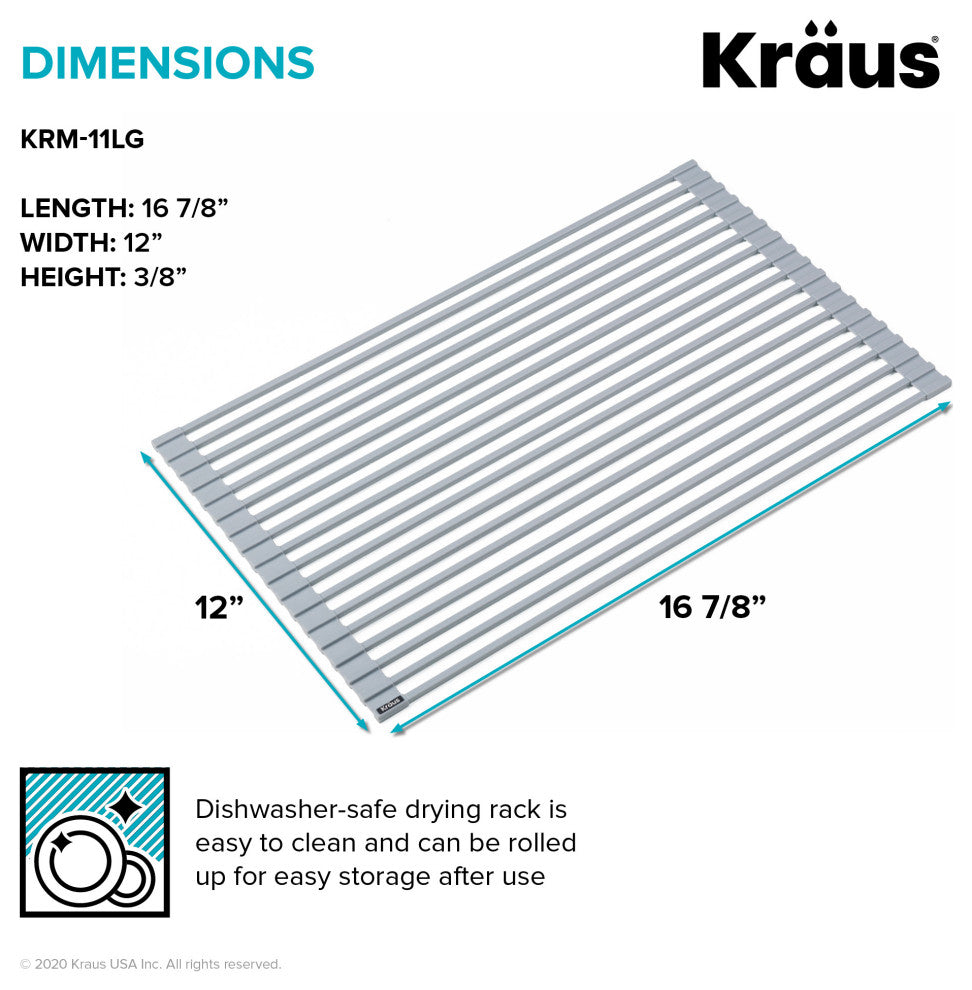 Kraus KRM-11LG Multipurpose Workstation Sink Roll-Up Dish Drying Rack Light Gre