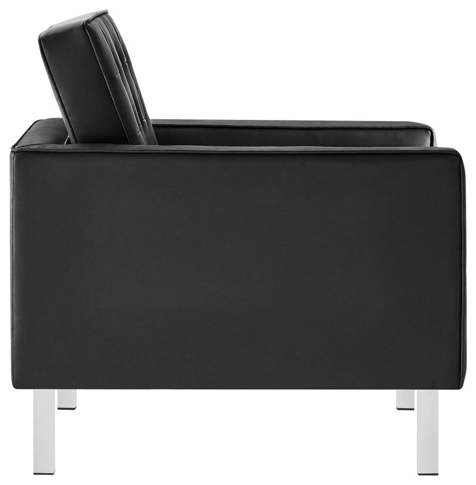 Loft Tufted Vegan Leather Armchair and Ottoman Set, Silver Black