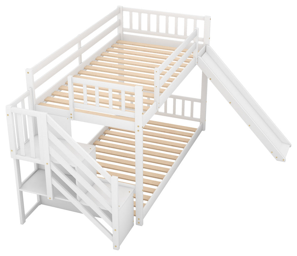 Gewnee Wood Twin Over Twin Bunk Bed with Convertible Slide and Stairway in White