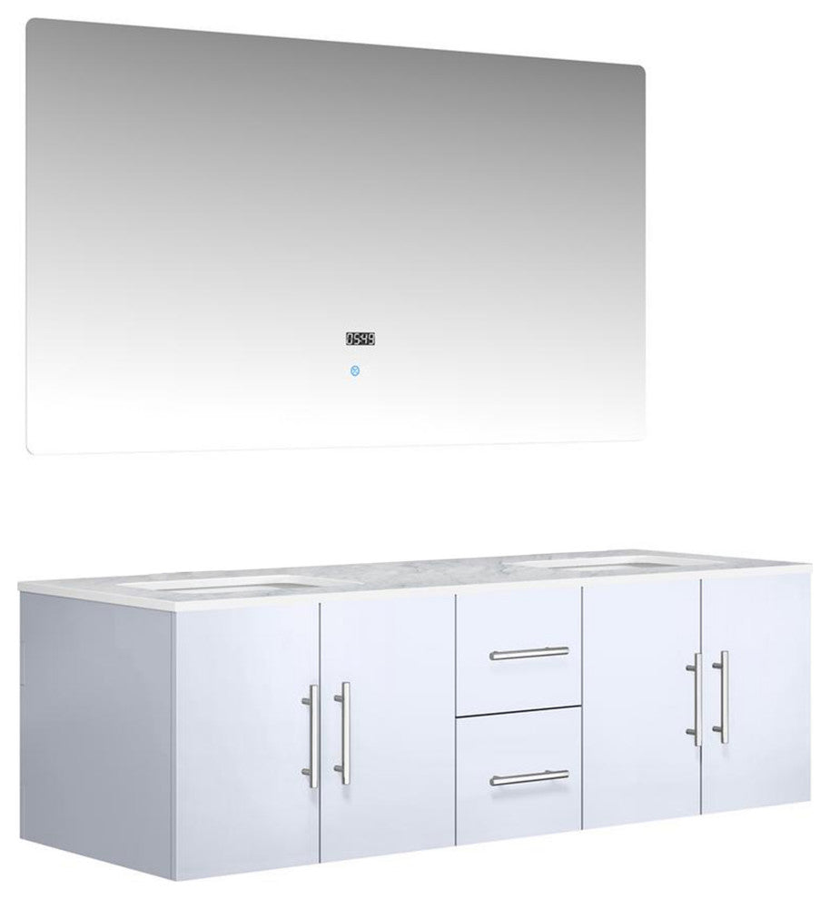 Geneva Transitional Glossy White 60" Double Vanity with 60" Led Mirror