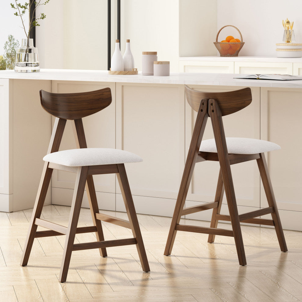 Sunapee Fabric Upholstered Wood Counter Stools, Set of 2, Light Beige + Natural Walnut
