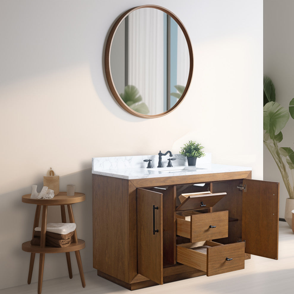 Vanity Art Bathroom Vanity With Sink, Tan, 48" Single, Arabescato White Engineered Marble Top