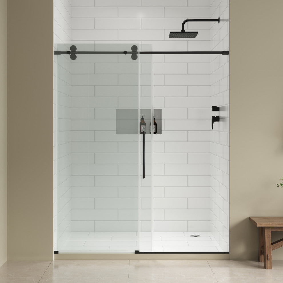 Reva Frameless Sliding Clear Alcove Shower Door, Black, 60"