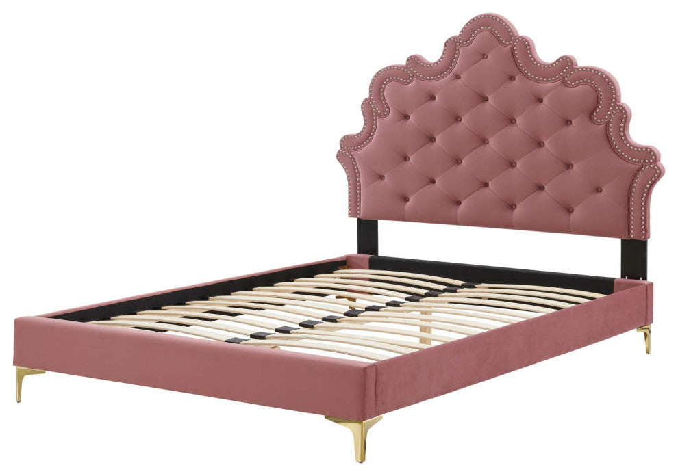 Tufted Platform Bed Frame, Queen Size, Velvet, Pink, Modern Contemporary
