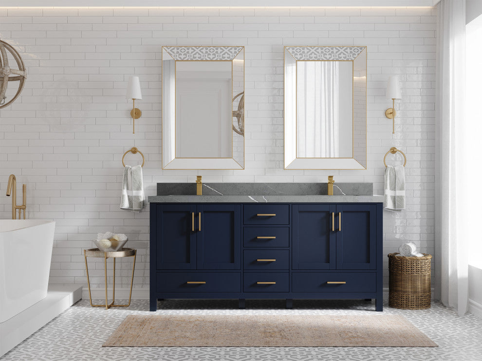 Malibu 72 Double Sink Bath Vanity in Navy Blue 2" Piatra Gray