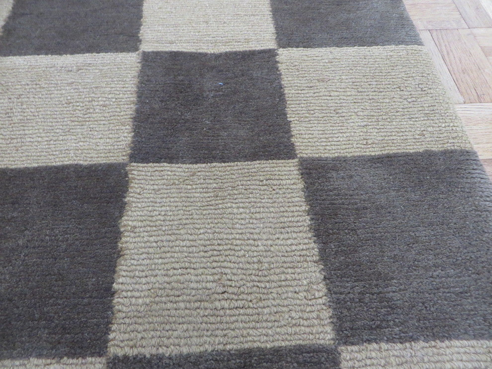 4x6 Handmade Checkered Brown Gold Tufenkian Tibetan Oriental Rug