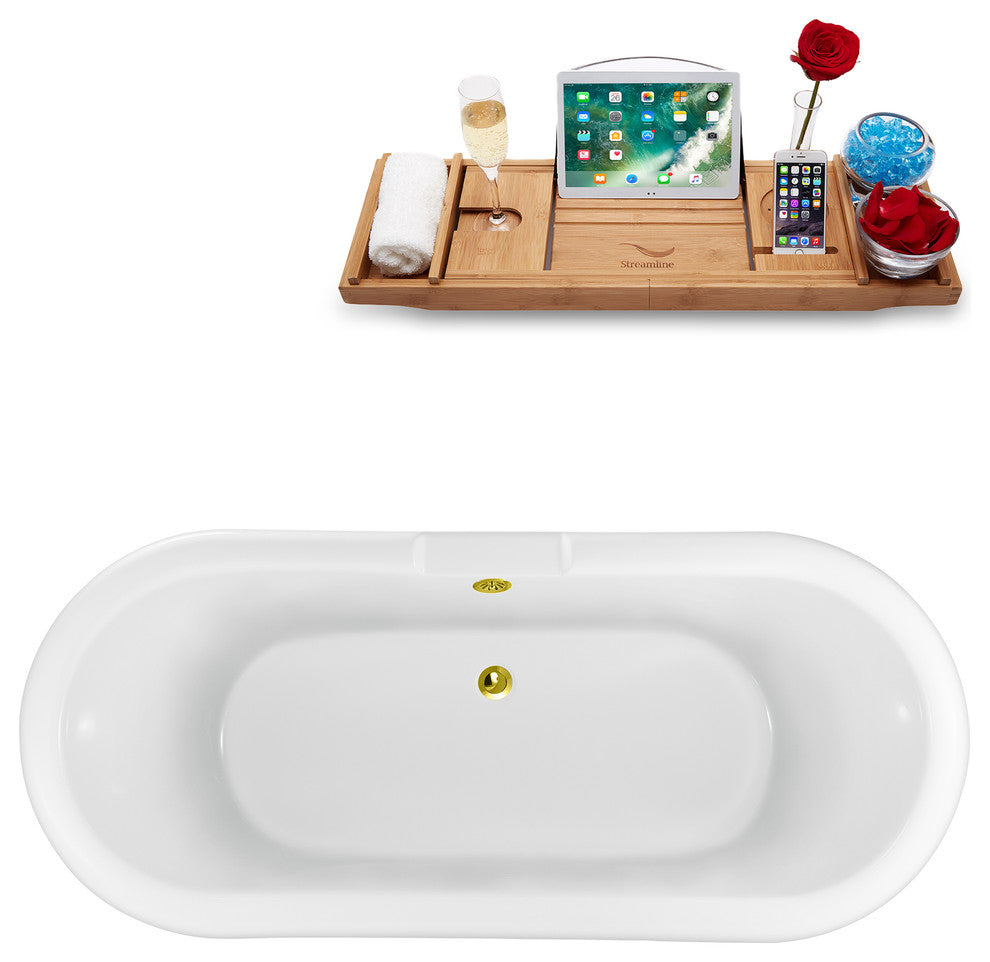 67" White Clawfoot Tub and Tray, Chrome Feet, Gold External Drain