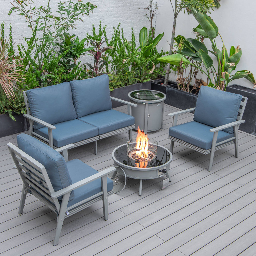 LeisureMod Walbrooke Grey Patio Sofa Set With Round Fire Pit Table, Navy Blue