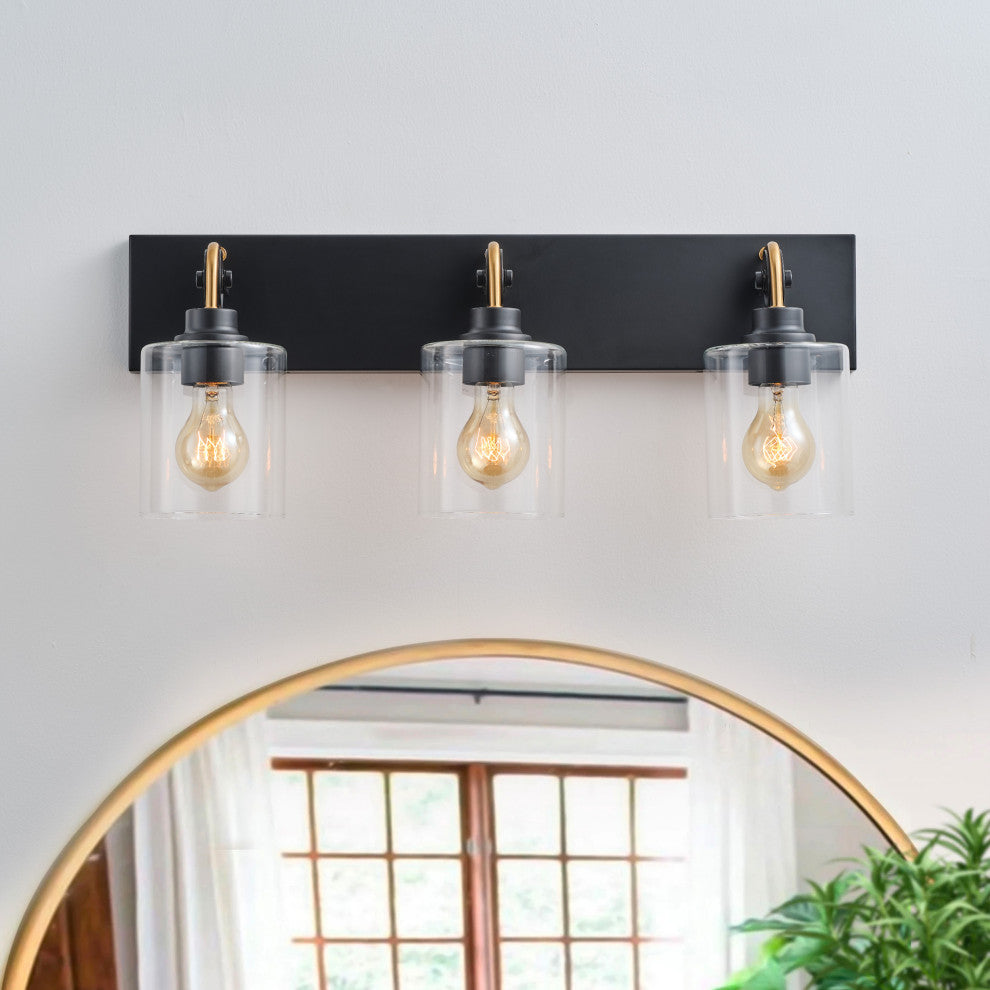 Matte Black 3-Light Cylinder Clear Glass Vanity Light for Bathroom
