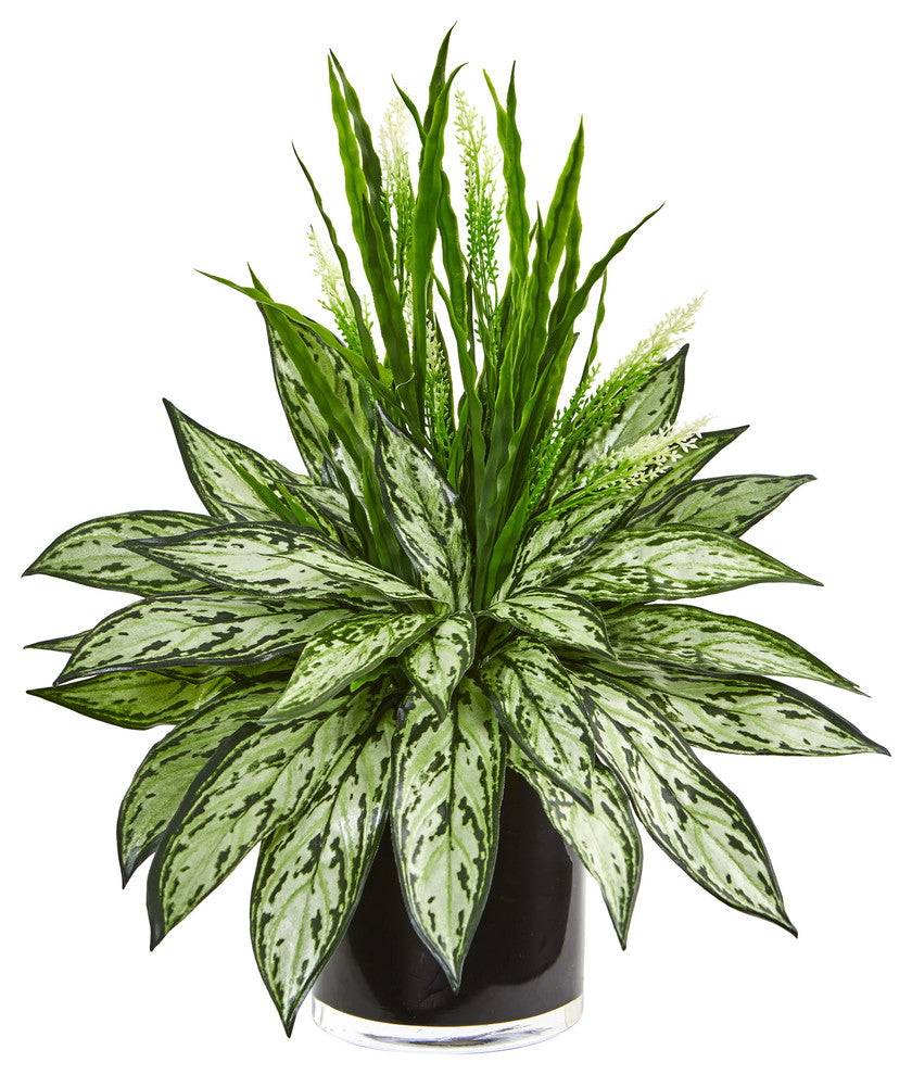 Silver Queen and Grass Artificial Plant in Black Vase