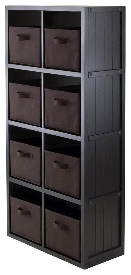 Bookcase, Tall Design & 8 Storage Shelves With Pull Handles, Chocolate/Black