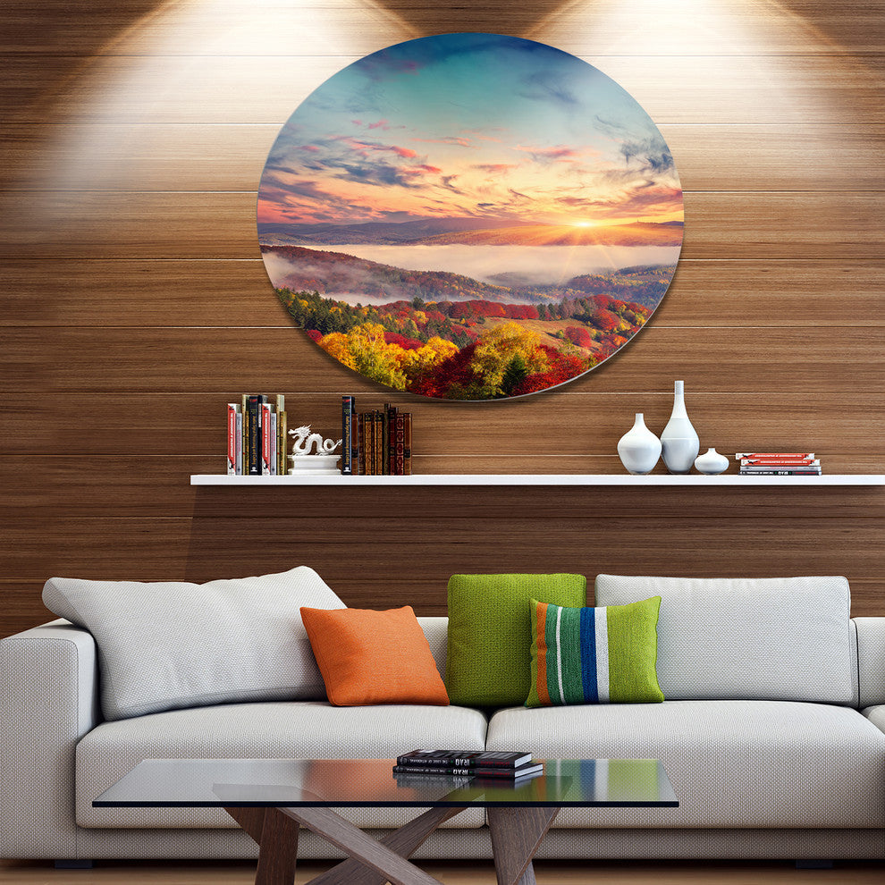 Colorful Sunset In Foggy Mountains, Landscape Art Round Wall Art, 36"