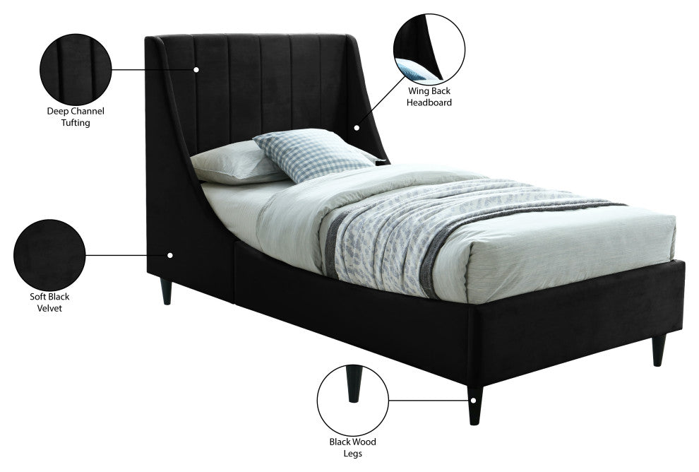 Eva Velvet Upholstered Bed, Black, Twin