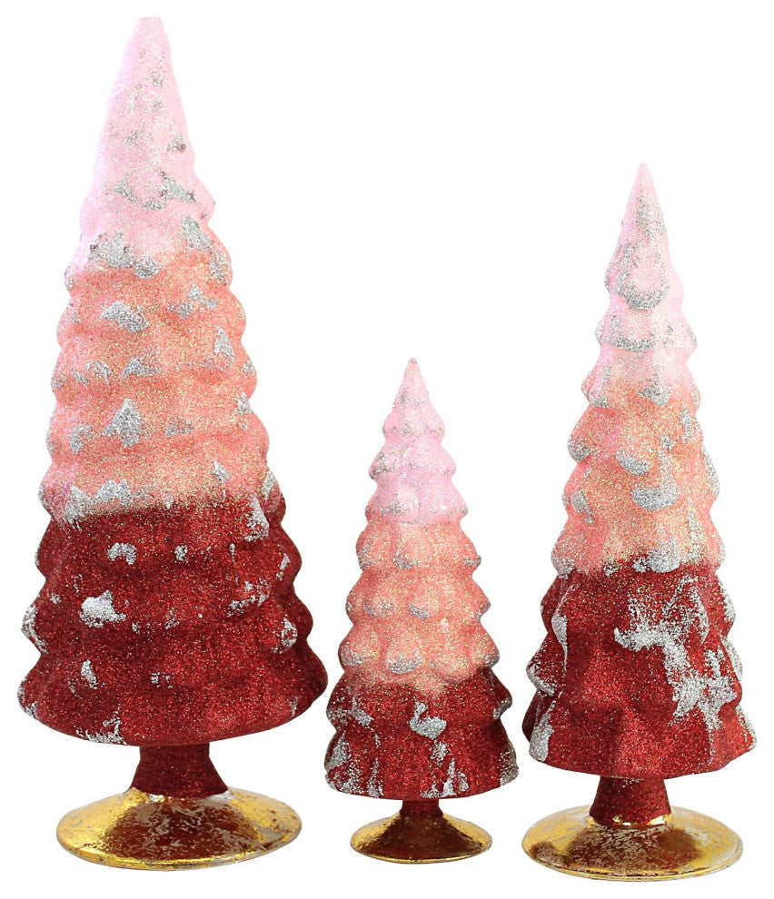 Christmas Red Glitter Gradient Trees Glass Set/3 Decorative Holiday Cd1607r