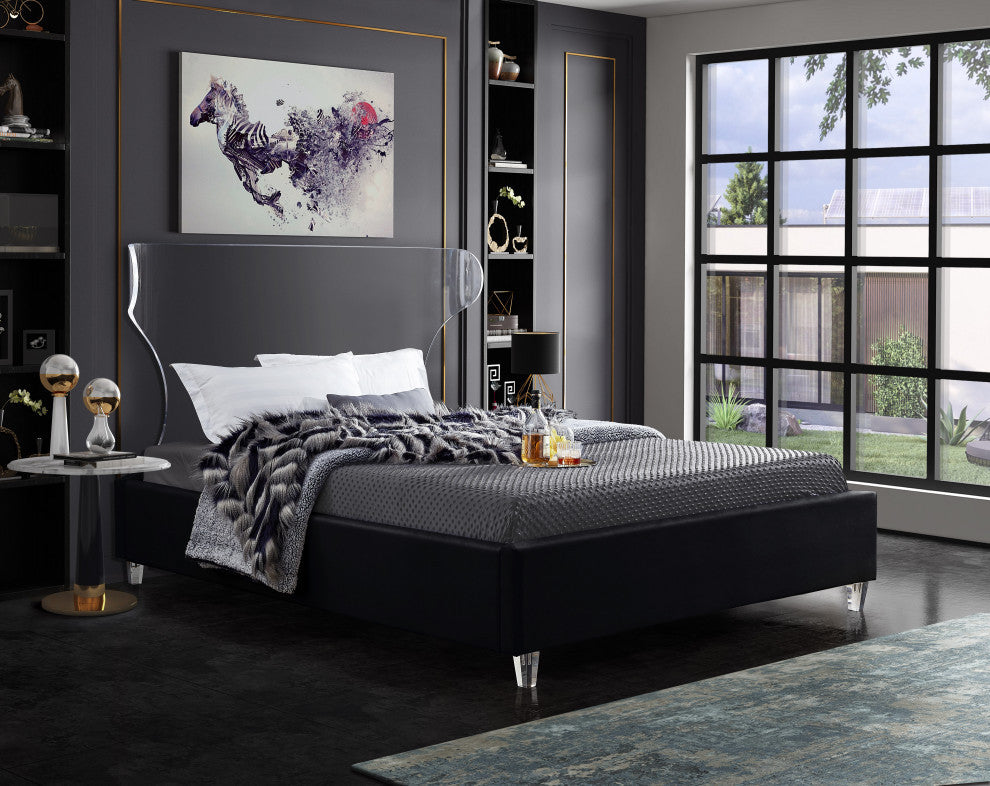 Ghost Velvet Upholstered Bed, Black, Queen