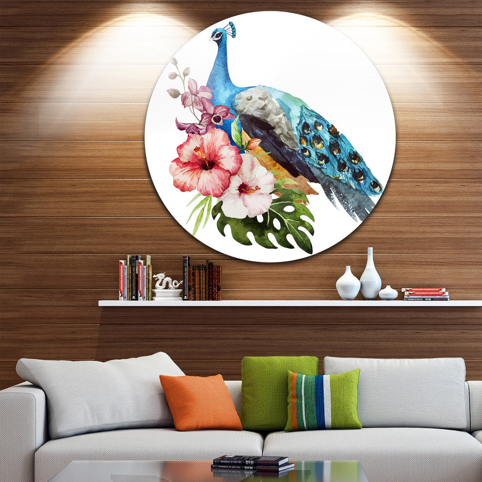 Hibiscus Flowers And Blue Peacock, Flower Disc Metal Wall Art, 23"
