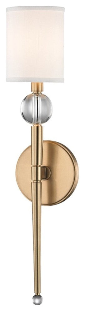 Rockland 1 Light Wall Sconce, Aged Brass Finish, White Faux Silk
