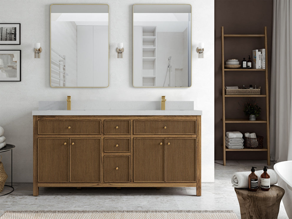 Sonoma Teak 72 Double Sink Bath Vanity in Dark Natural with 2" Carrara Quartz
