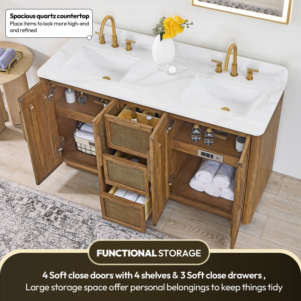Busan Bath Vanity, Quartz Top No Mirror, Oak Classic Brown, 60", Double Vanity