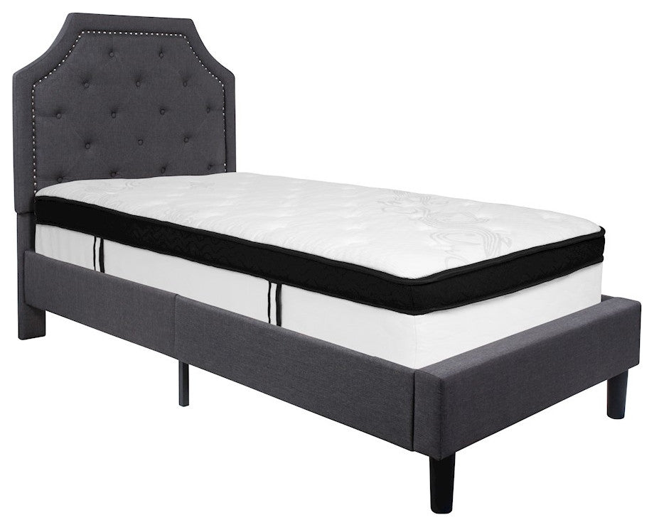 Twin Size Tufted Platform Bed in Dark Gray Fabric with Memory Foam Mattress