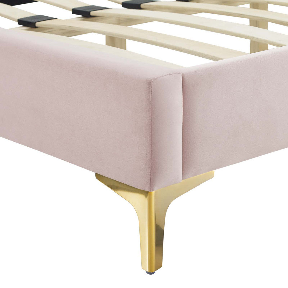 Platform Bed Frame, Twin Size, Velvet, Pink, Modern Contemporary, Bedroom Master