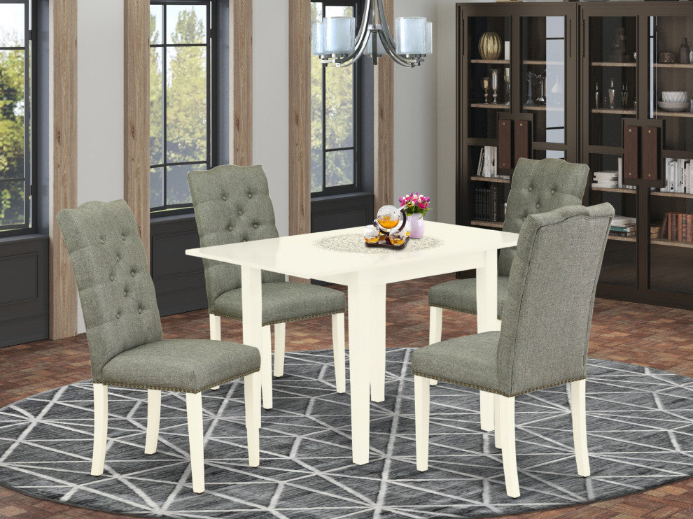 5Pc Dinette Set 4 Chairs, Drops Leaf Table Solid Wood Structure, Linen White