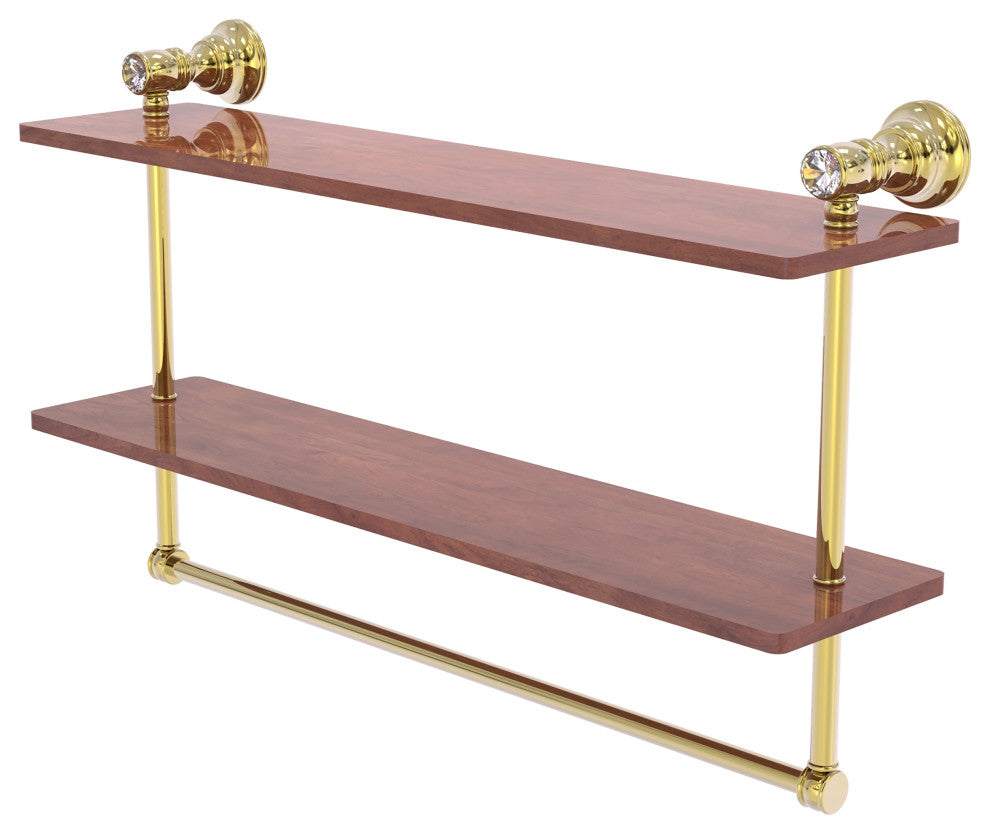Carolina Crystal 22" Double Wood Vanity Shelf with Towel Bar, Unlacquered Brass