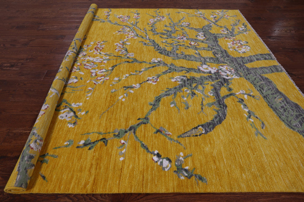 8' Square Almond Blossoms Design Handmade Modern Wool Rug Q11694