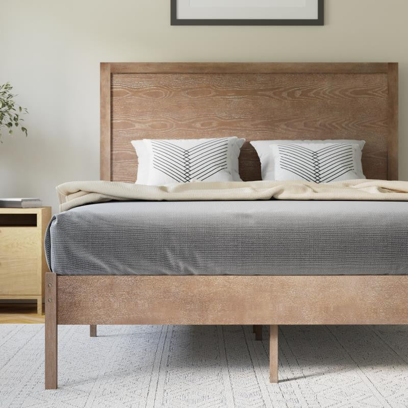 Asher Solid Wood Platform Bed with Wooden Slats and Headboard, Light Brown, Full