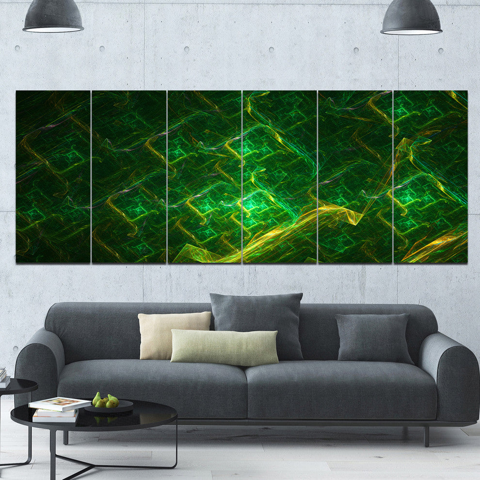 Green Fractal Electric Lightning, Abstract Art on Canvas, 70"x28", 6 Panels