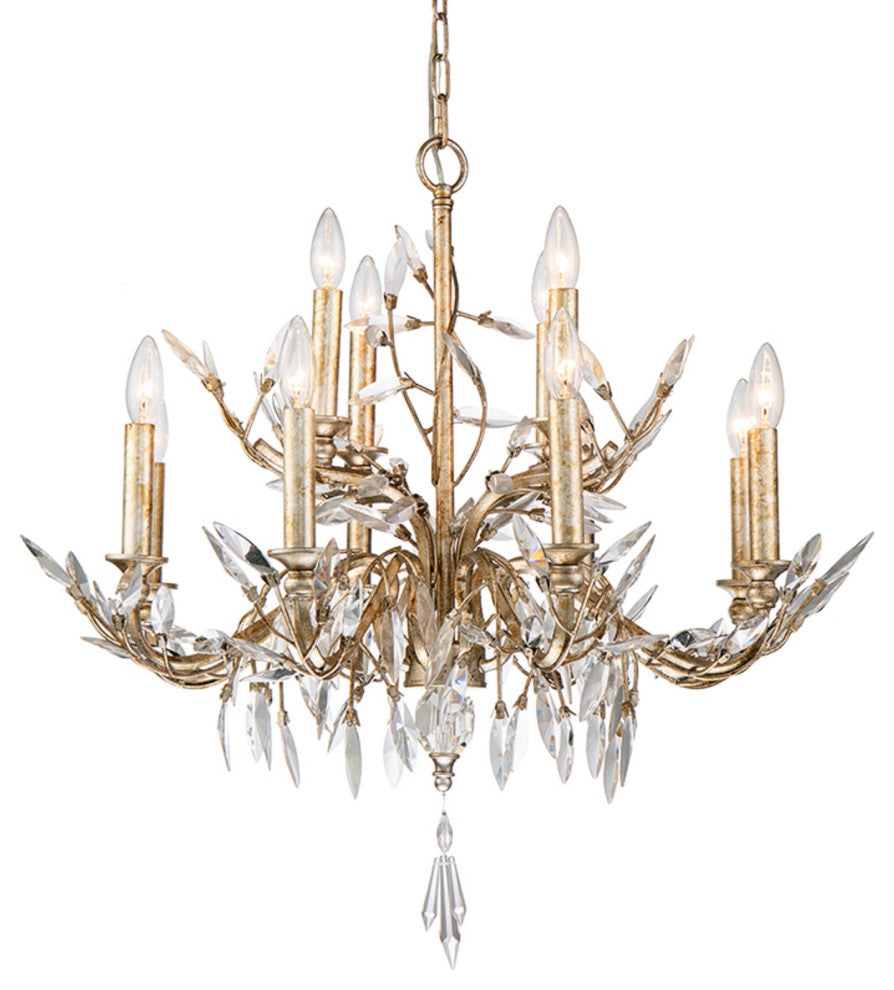 Silver and Antique Glazed 12 Light Chandelier With Flower Inspired Crystals