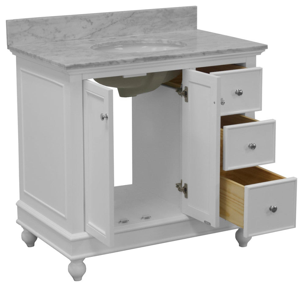 Bella 36" Bathroom Vanity, White, Carrara Marble