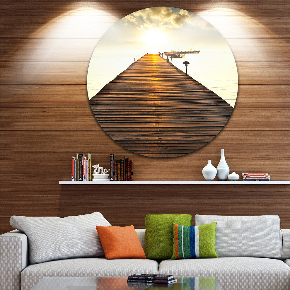 Boardwalk Glowing In Sunlight, Sea Bridge Round Metal Wall Art, 36"
