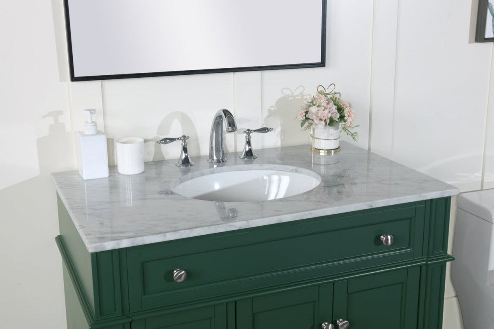 Home Living Vanity with Carrara White Marble Countertop, Green, 36", Single Sink