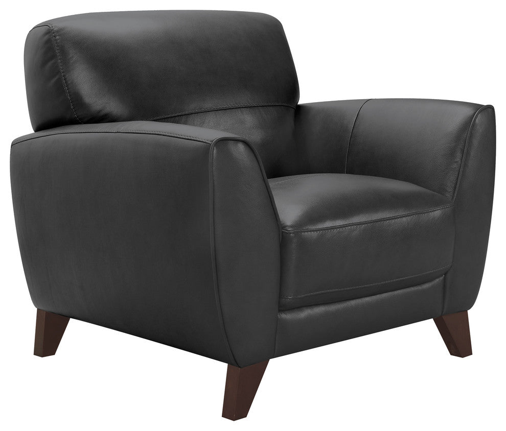 Jedd Contemporary Chair, Genuine Black Leather With Brown Wood Legs