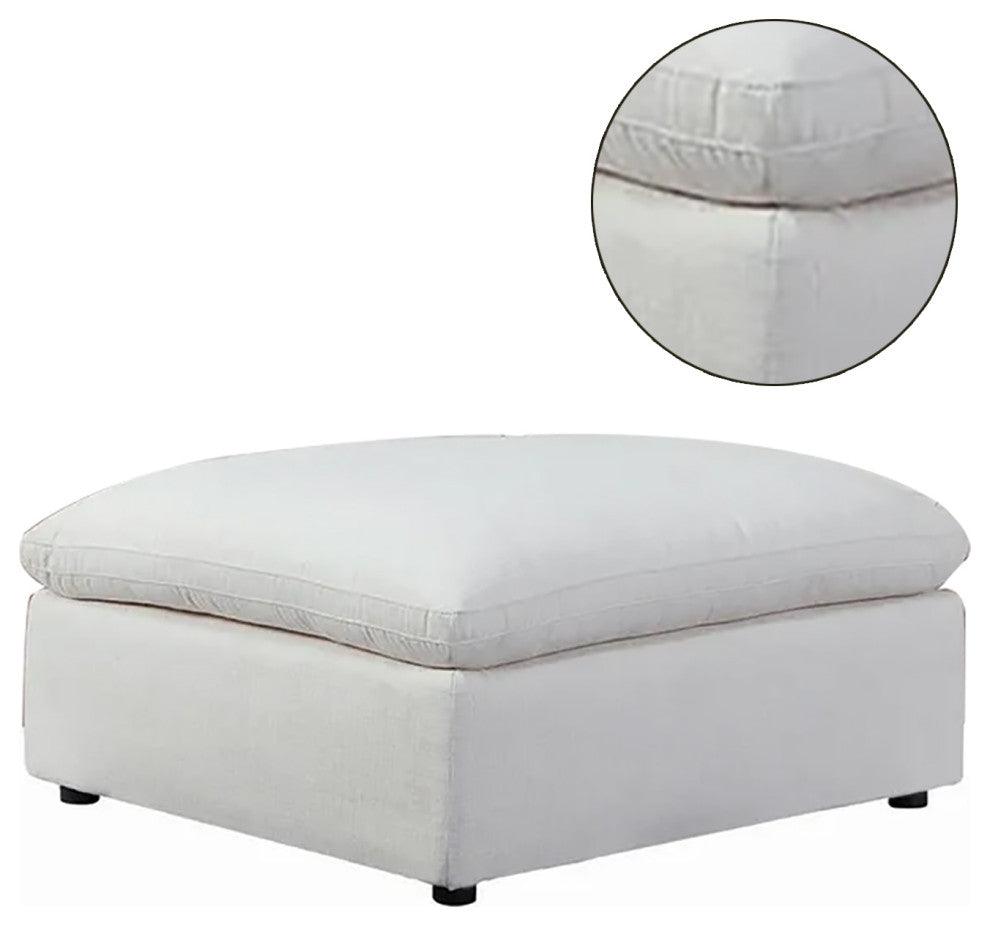 Linen-Like Fabric Cushion Seat Ottoman, Off-White