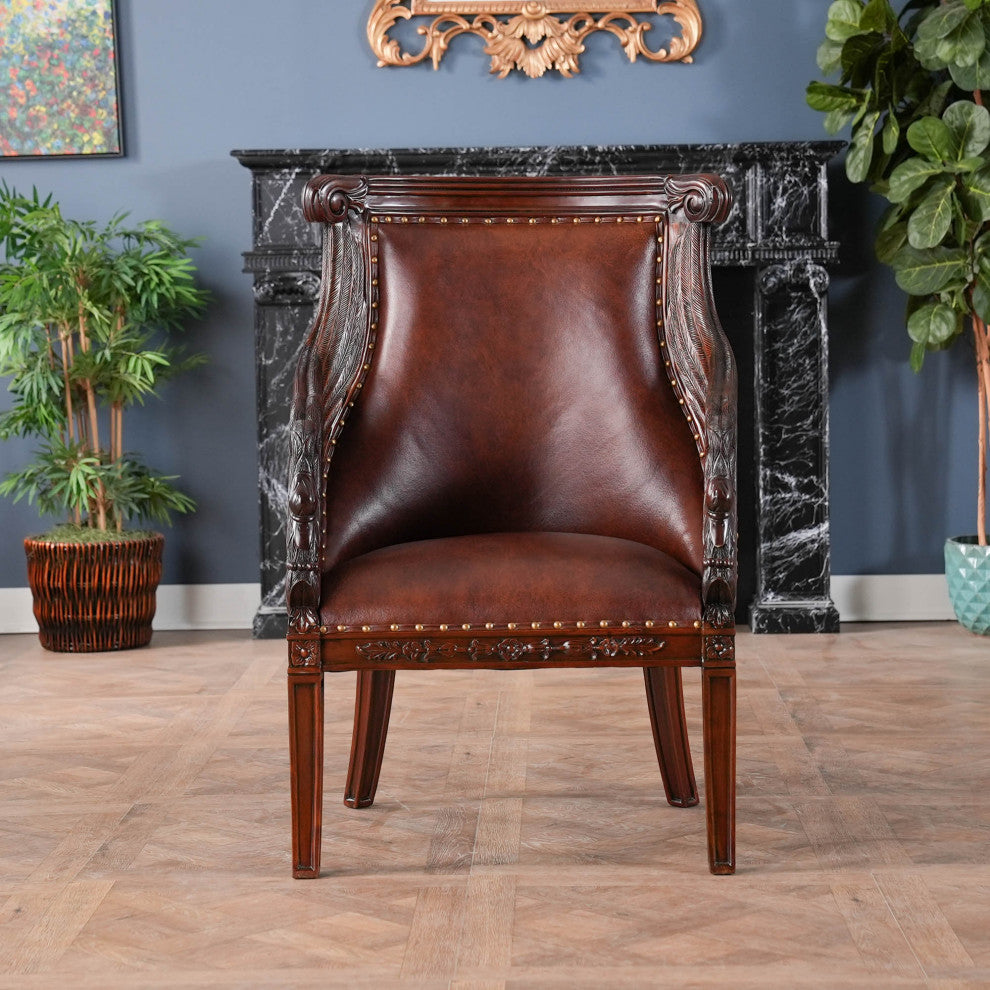 Mahogany Swan Arm Chair With Leather