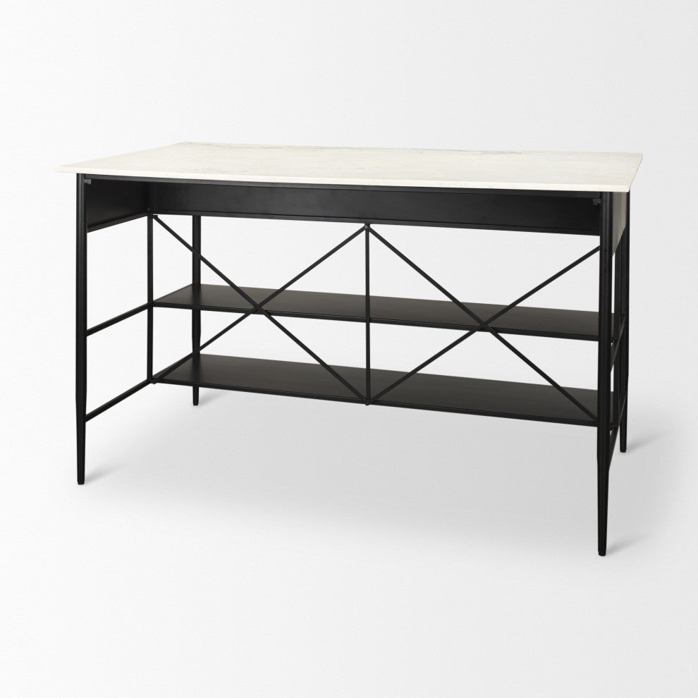 Amika White Marble Top Black Metal Base Kitchen Island