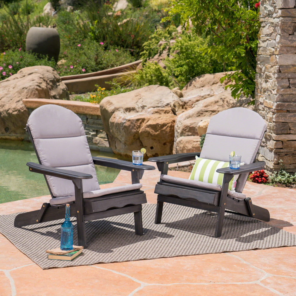 Outdoor Acacia Wood Folding Adirondack Chairs, Cushions, Set of 2, Dark Gray/Gray