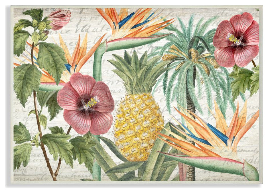 Tropical Flower Pineapple Wood Texture Design, 13"x19"