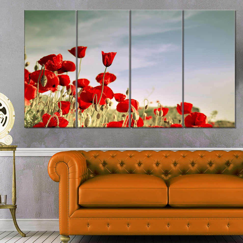 Flourishing Red Poppies, Floral Canvas Art Print, 48"x28", 4 Panels