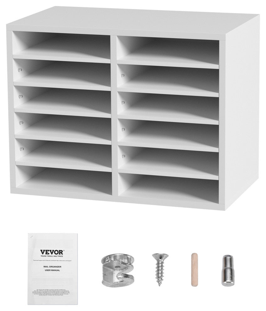 12 Compartments Wood File Organiser Office Mailbox with Adjustable Shelves, White
