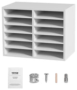 12 Compartments Wood File Organiser Office Mailbox with Adjustable Shelves, White