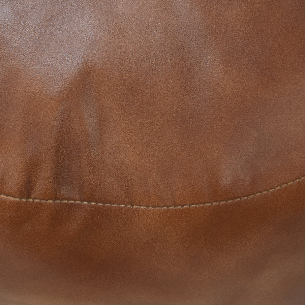 Pouf-Solid Handmade Leather Pouf (Recycled Foam with Fiber Fill), Light Brown, {Round]21x21x12