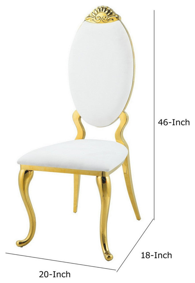 Benzara BM280526 Vegan Leather Dining Chair, Padded Back, Set of 2, White/Gold