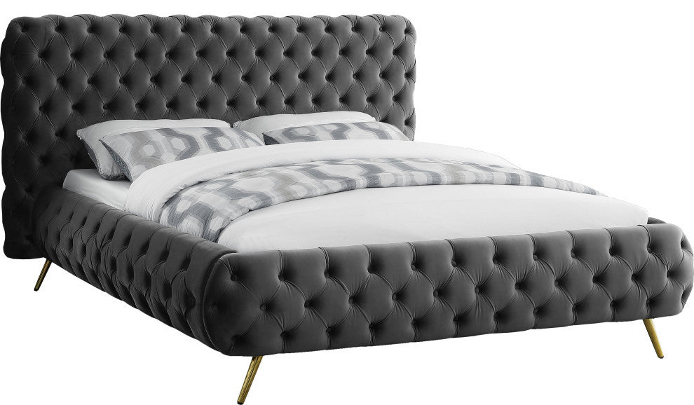 Delano Velvet Upholstered Bed, Gray, Queen