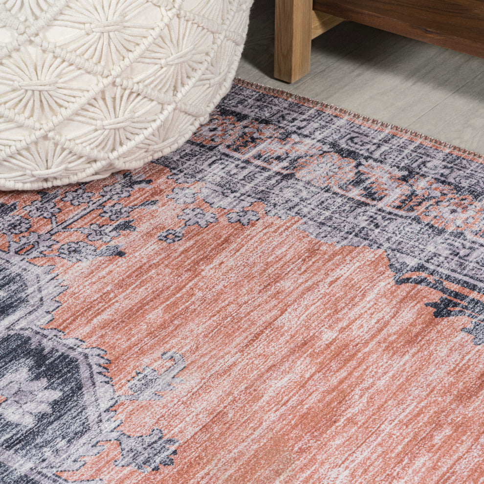 Wincer Chenille Cottage Medallion Washable Rug, Orange/Gray, 3 X 5