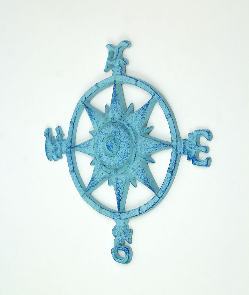 Weathered Blue Cast Iron Compass Rose Wall Hanging
