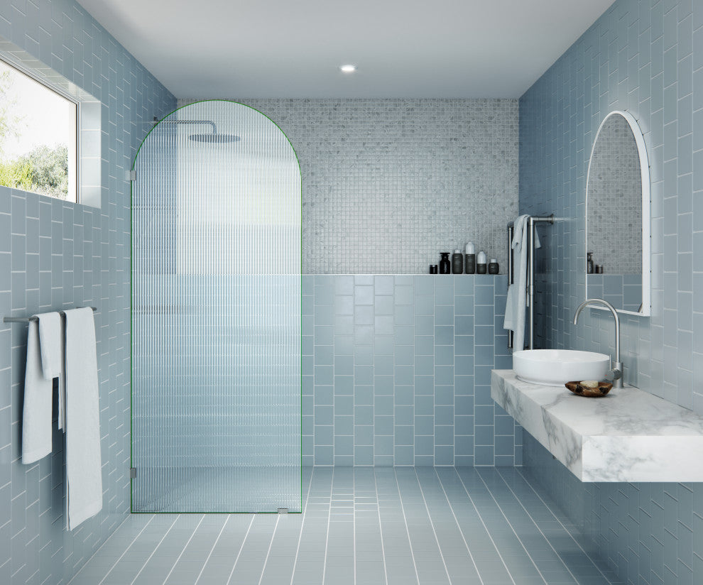 34"x86.75" Frameless Shower Door, Arched Fluted Single Fixed Panel, Brushed Nickel
